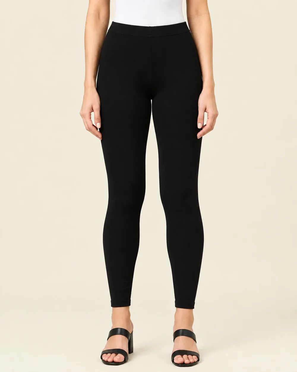 Sreeva black ankle length cotton leggings, jet black, front view