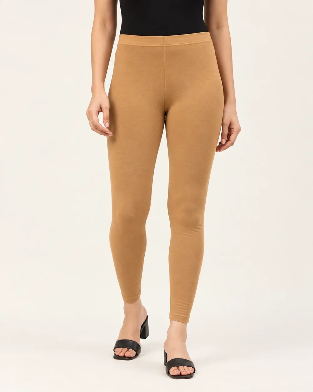Sreeva caramel ankle length cotton leggings, also called Glow Skin, front view