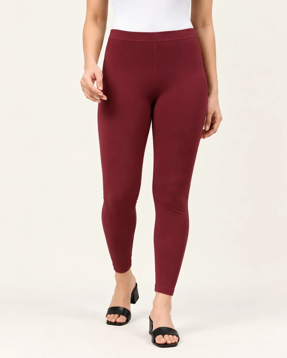 Sreeva maroon ankle length cotton leggings, deep wine burgundy, front view