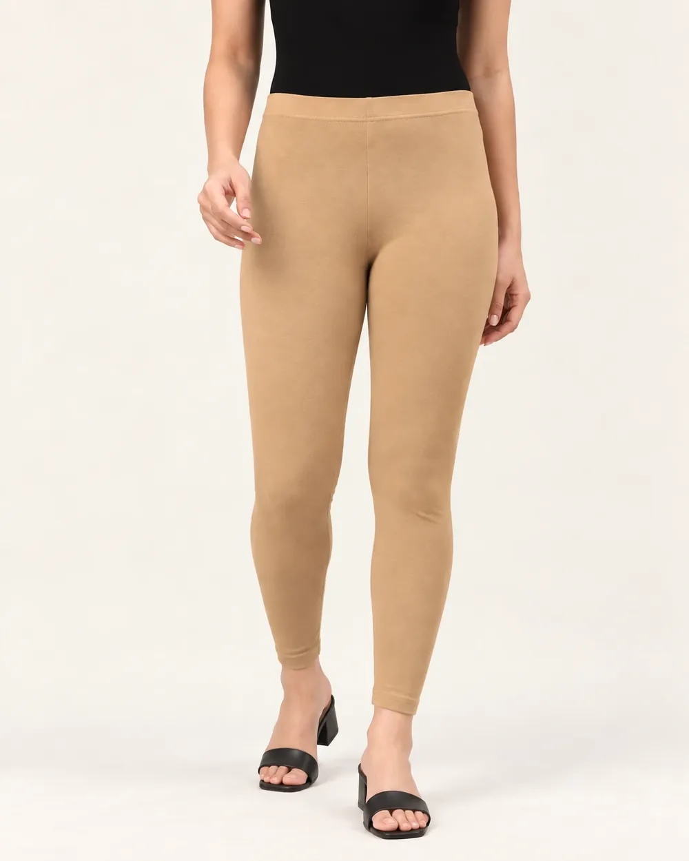 Sreeva nude beige ankle length cotton leggings, also called Color Skin, front view
