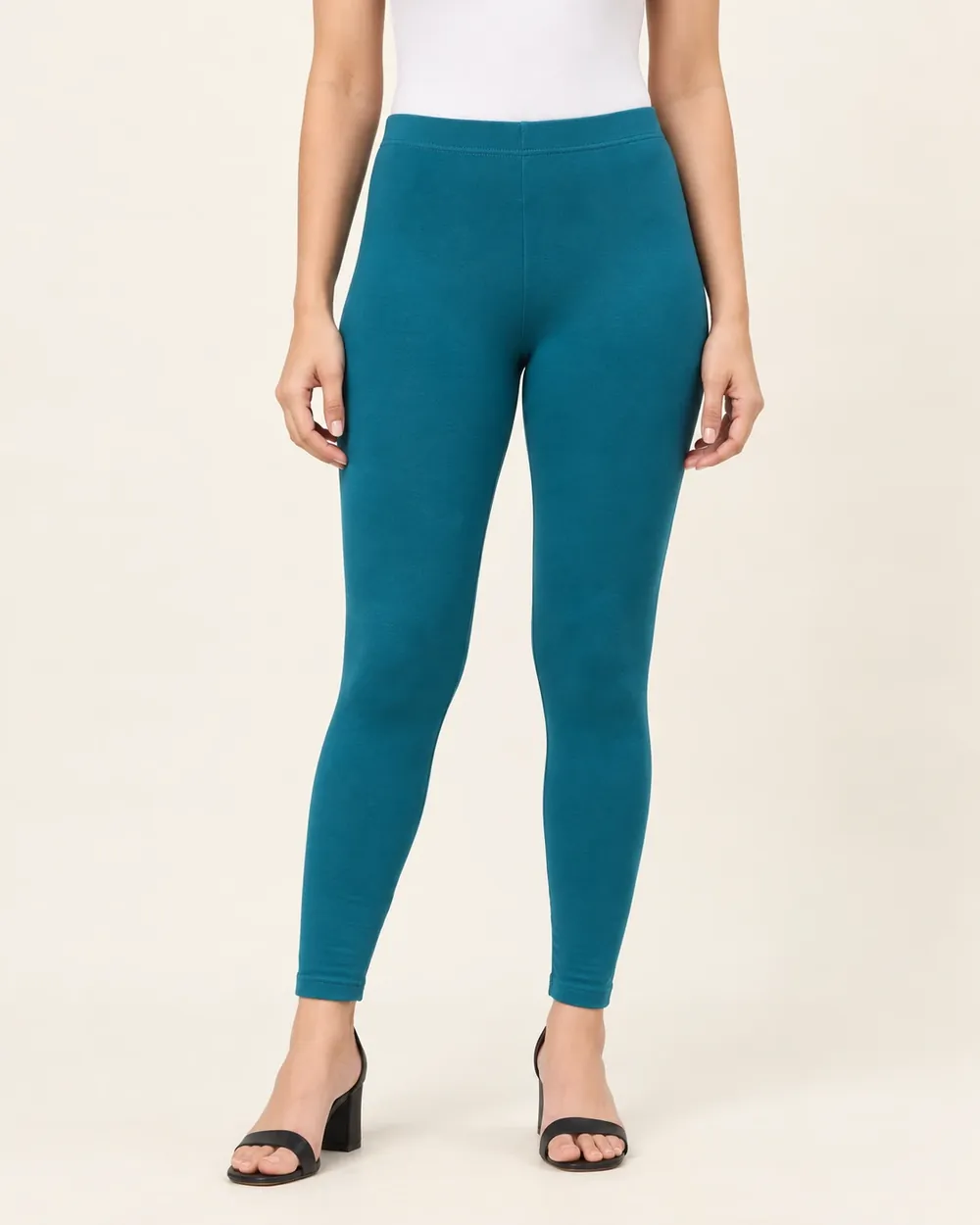 Sreeva petrol blue ankle length cotton leggings, teal blue, front view