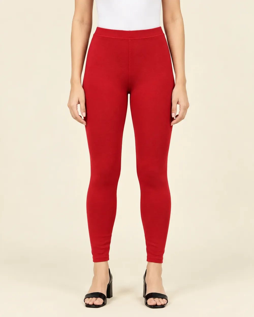 Sreeva red ankle length cotton leggings, bright solid red, front view