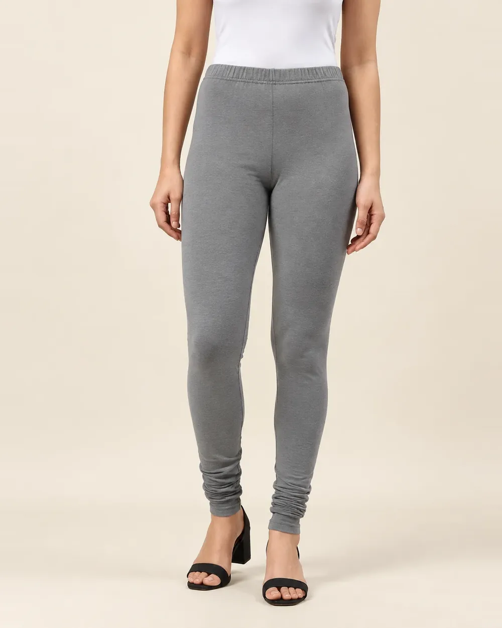 Sreeva grey full length cotton leggings with churidar gathers, mid grey, front view