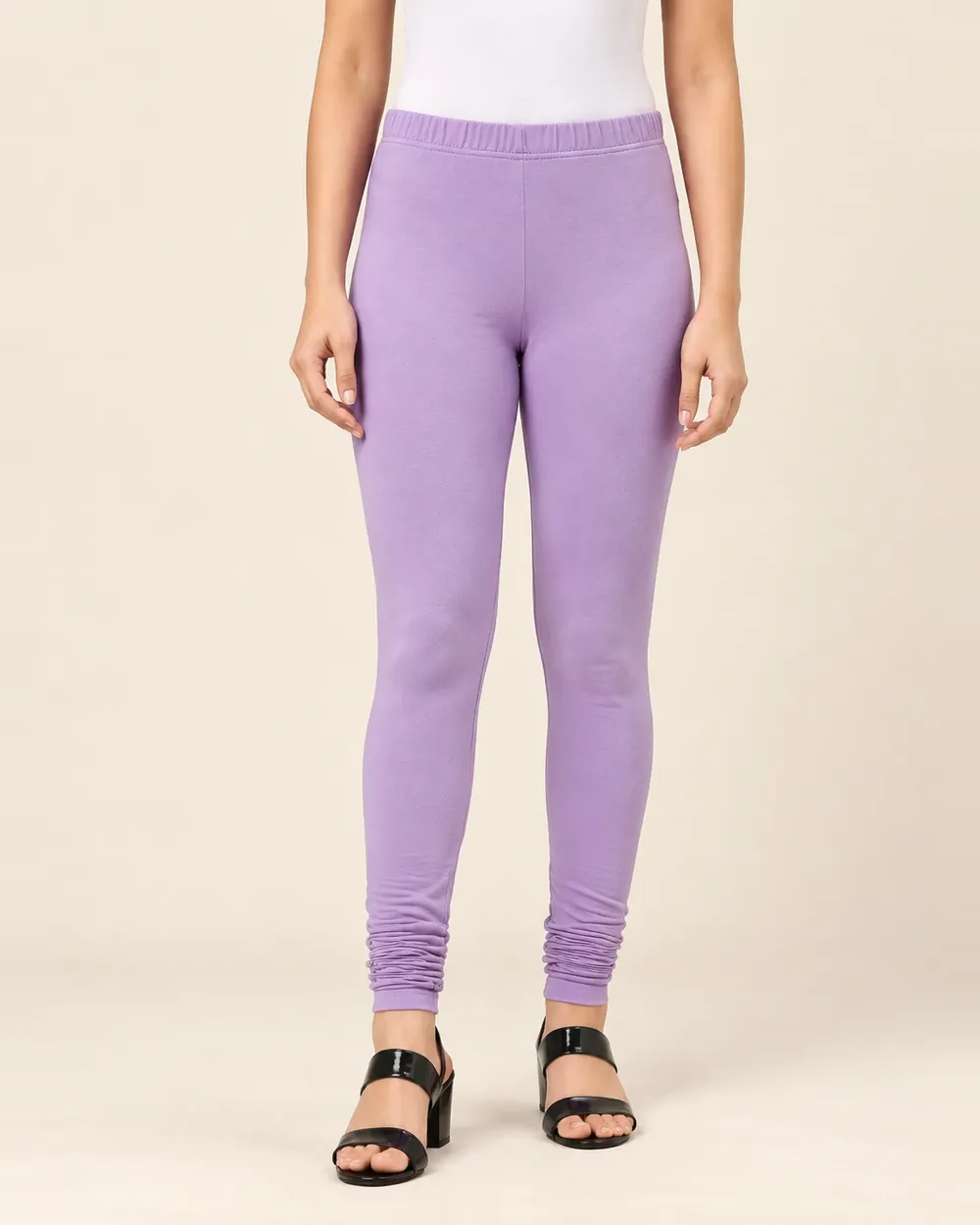 Sreeva lavender full length cotton leggings with churidar gathers, light lilac purple, front view