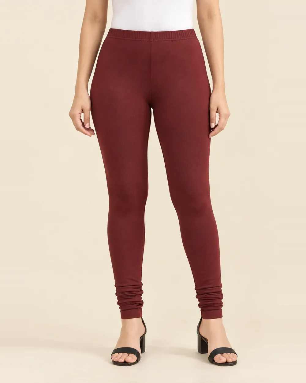 Sreeva maroon full length cotton leggings with churidar gathers, deep wine burgundy, front view