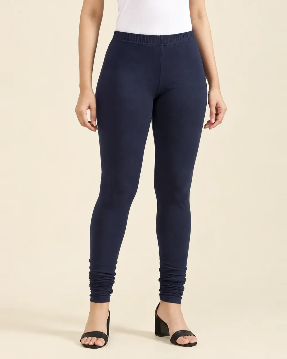 Sreeva navy blue full length cotton leggings with churidar gathers, dark midnight blue, front view