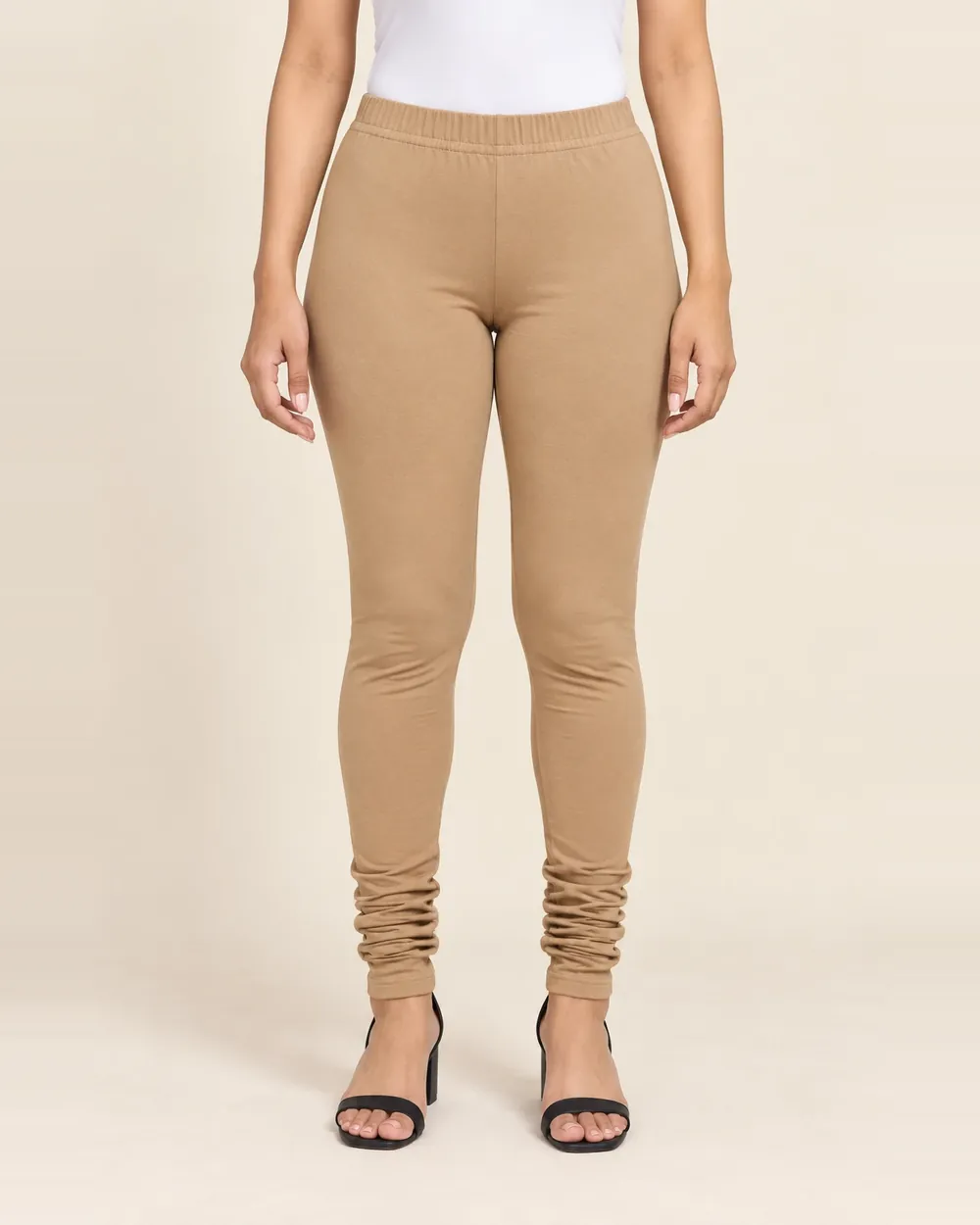 Sreeva nude beige full length cotton leggings with churidar gathers, also called Color Skin, front view