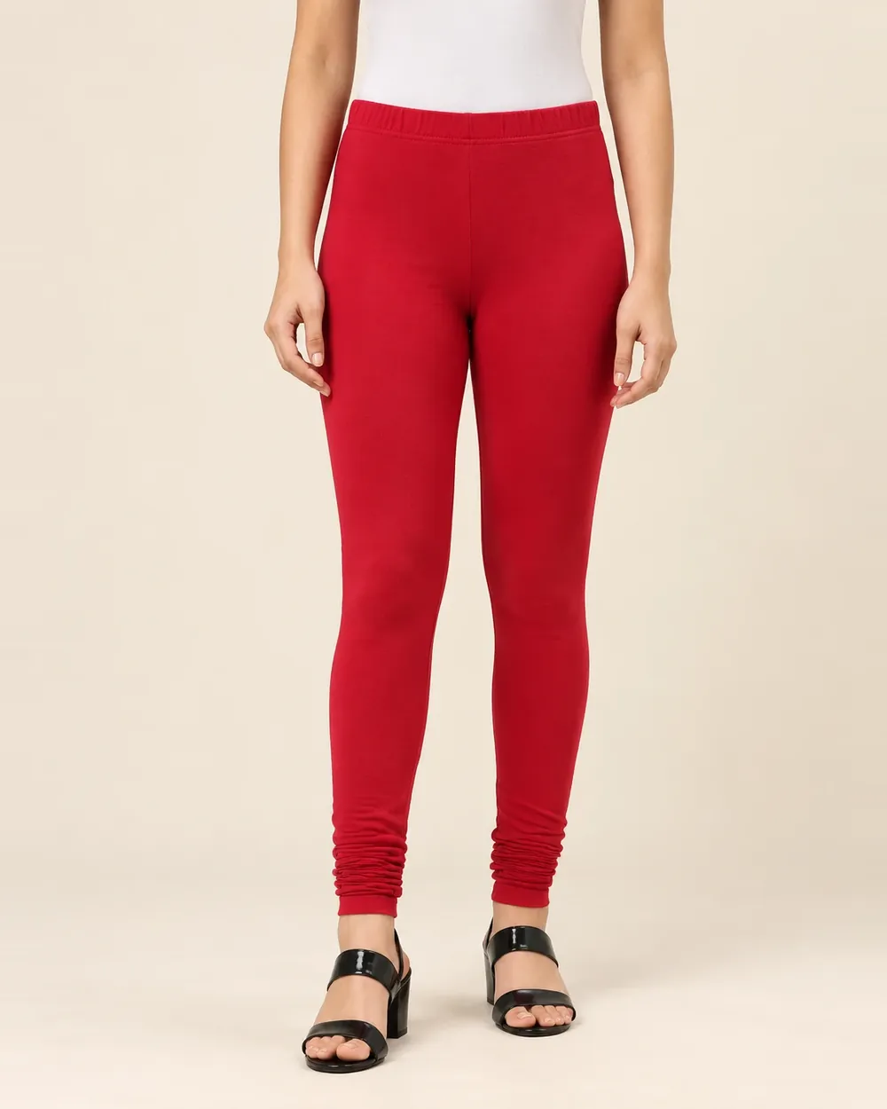 Sreeva red full length cotton leggings with churidar gathers, bright solid red, front view